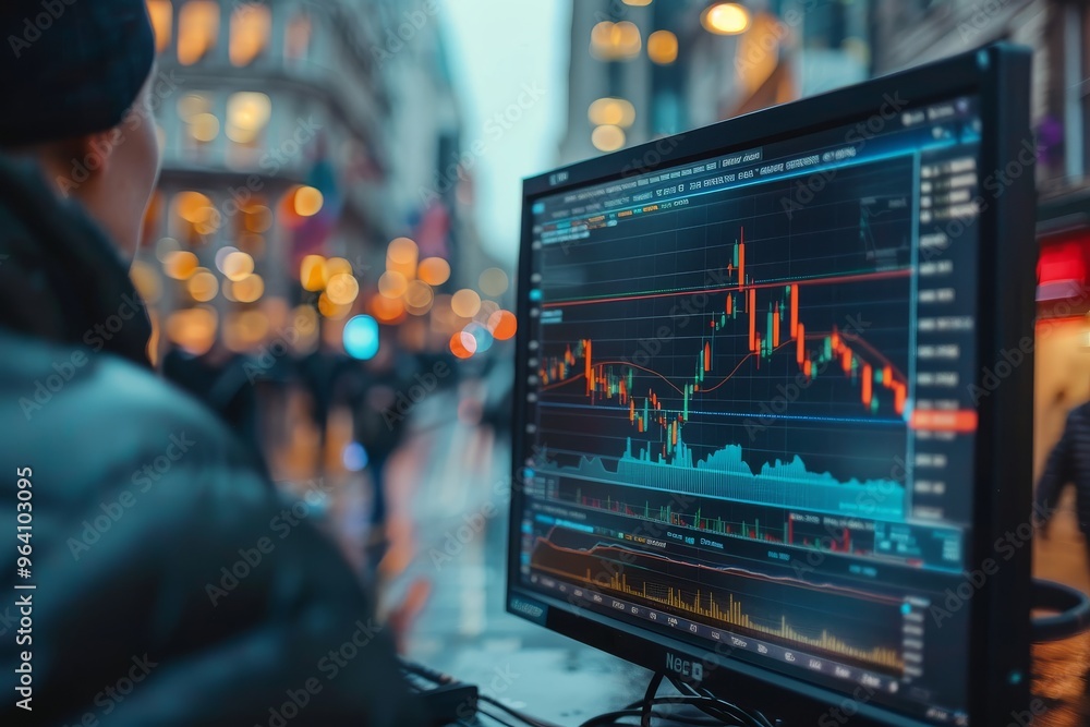 Dynamic stock market trading scene with detailed candlestick charts and large screen stock data, reflecting financial market trends in the city skyline Dynamic stock market trading scene with detailed candlestick charts and large screen stock data, reflecting financial market trends in the city skyline