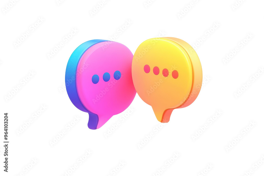 3D speech bubbles in vibrant colors symbolizing communication and dialogue on a transparent background. Perfect for social media graphics. 3D speech bubbles in vibrant colors symbolizing communication and dialogue on a transparent background. Perfect for social media graphics.