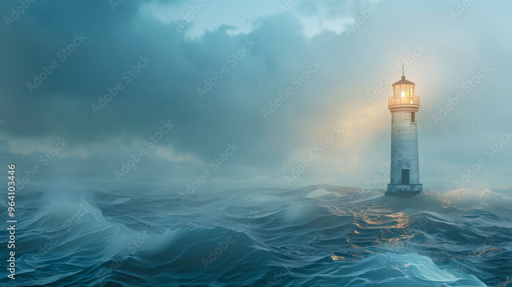 A glowing lighthouse standing on the edge of the earth around a raging sea. Concept of nature, storm. A glowing lighthouse standing on the edge of the earth around a raging sea. Concept of nature, storm.