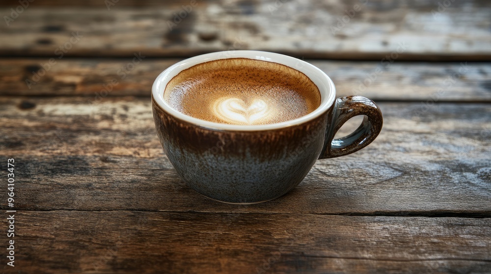 A cup of coffee with a rich crema, on a distressed wooden table with visible texture, creating a cozy mood. No logo, no people. A cup of coffee with a rich crema, on a distressed wooden table with visible texture, creating a cozy mood. No logo, no people.