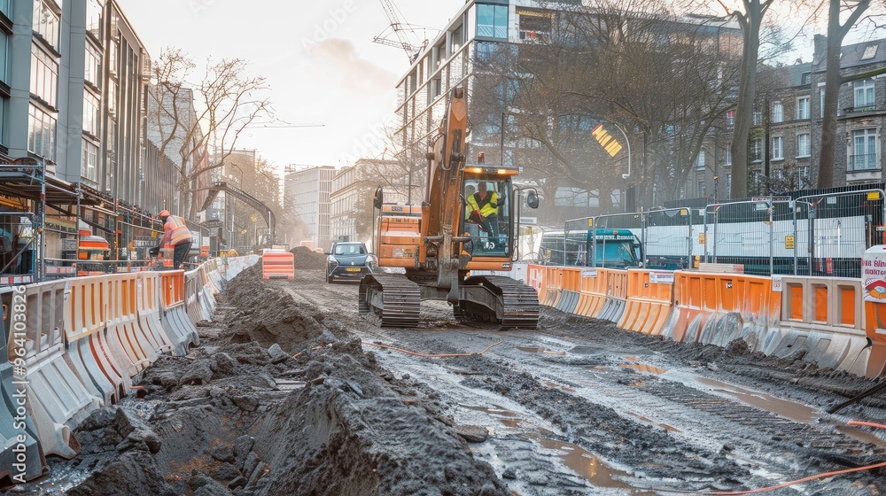 Urban Road Construction with Heavy Machinery Urban Road Construction with Heavy Machinery