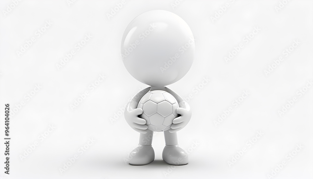 A detailed 3D rendering of a cartoonish white glossy humanoid character holding a soccer ball, standing in a minimalist environment, showcasing simplicity and modern design. A detailed 3D rendering of a cartoonish white glossy humanoid character holding a soccer ball, standing in a minimalist environment, showcasing simplicity and modern design.