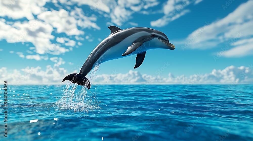 A dolphin leaping joyfully out of the ocean under a clear blue sky. A dolphin leaping joyfully out of the ocean under a clear blue sky.