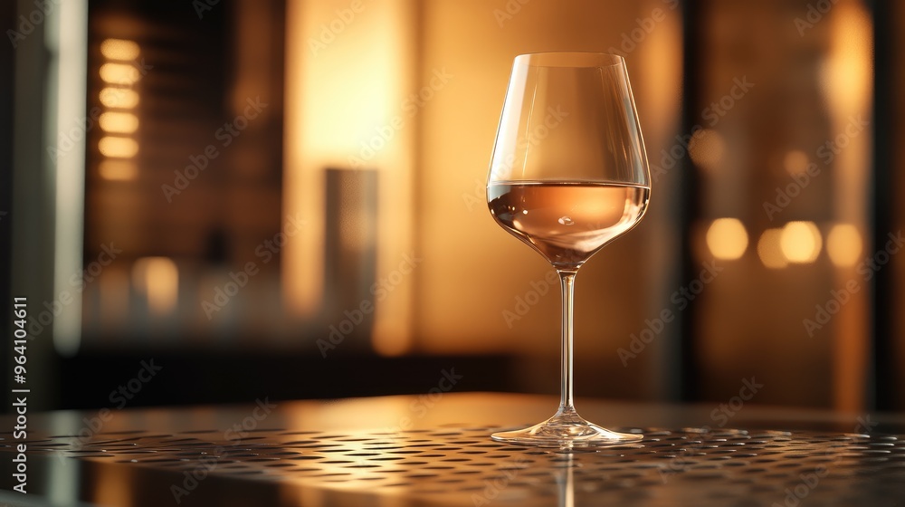 A wine glass on a sleek metal table with a warm golden hue from soft lighting, creating a refined atmosphere. No logo, no people. A wine glass on a sleek metal table with a warm golden hue from soft lighting, creating a refined atmosphere. No logo, no people.