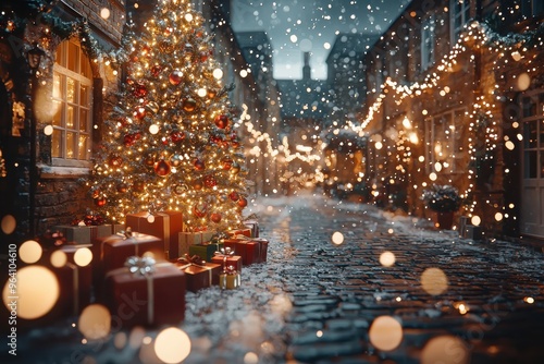 Enchanting Christmas scene with snowy street, glowing lights, and festive decorations