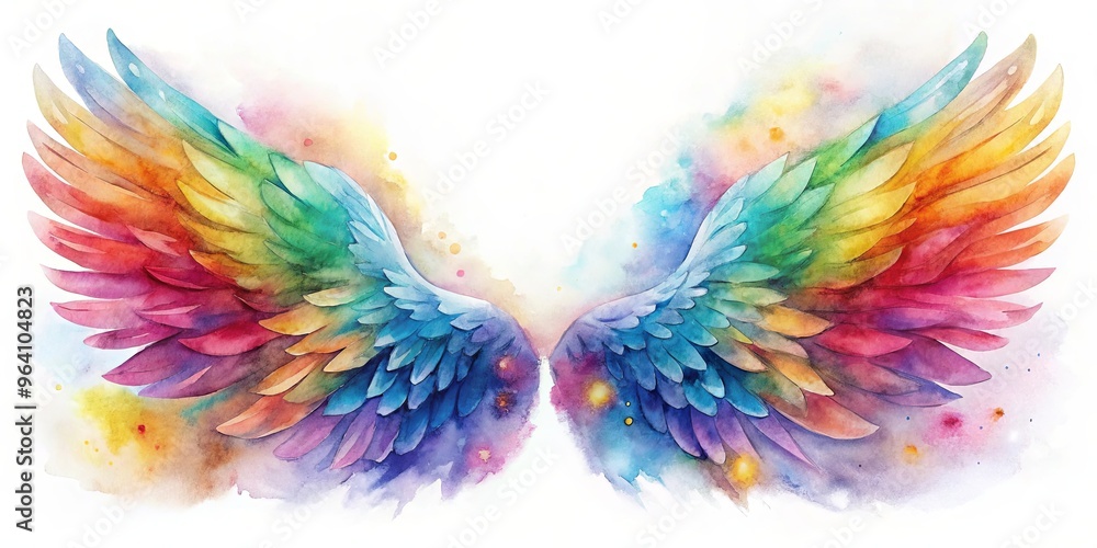 Fototapeta premium Watercolor painting of stunning angel wings in vibrant colors with a magical and ethereal feel