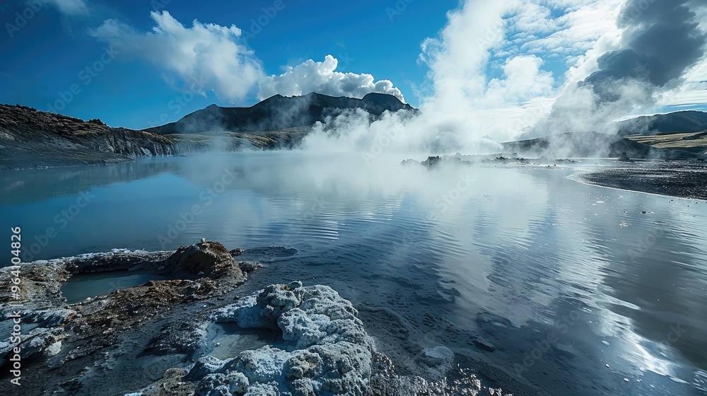 Fototapeta premium Misty Geothermal Lake with Mountain Backdrop