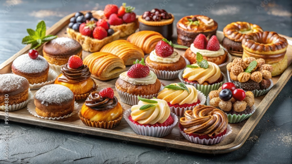 Assortment of delectable pastries served on a tray Assortment of delectable pastries served on a tray