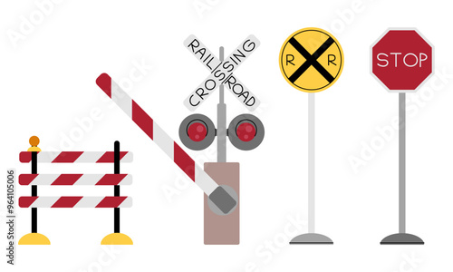 Set of railway signs, lock, barrier on white background. Rails in flat style, icon. Cartoon illustration for book design, children s textbooks, etc