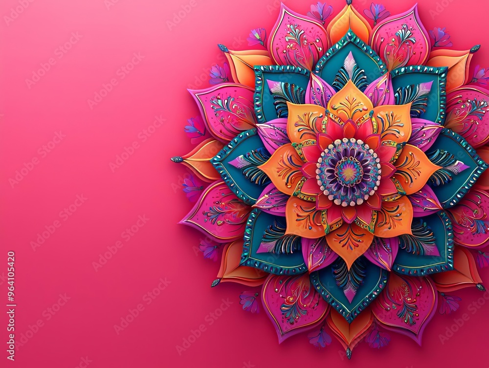 Highly detailed mandala design with colorful layered petals and ornamental floral patterns on a striking pink background, Mandala, Geometric Floral Highly detailed mandala design with colorful layered petals and ornamental floral patterns on a striking pink background, Mandala, Geometric Floral