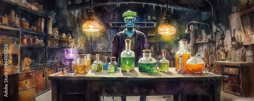 Spooky potion laboratory with Frankenstein figure, bubbling flasks, glowing elixirs, eerie Halloween chemistry decor, vintage glassware, and haunted science ambiance for horror setups