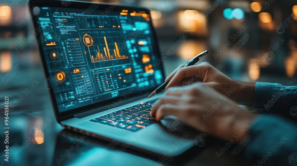Person analyzing data on a laptop with visual graphs and metrics. Person analyzing data on a laptop with visual graphs and metrics.