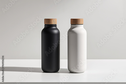 Symmetrical Product Photography of Two Flask Bottles on White Counter, White Background, Social Media Ready