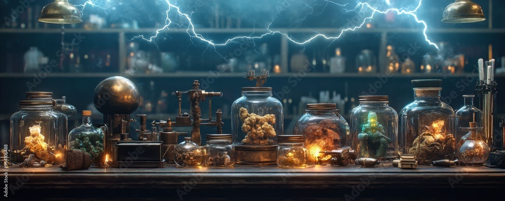 custom made wallpaper toronto digitalMystical Laboratory with Glowing Specimens in Jars and Lightning Overhead