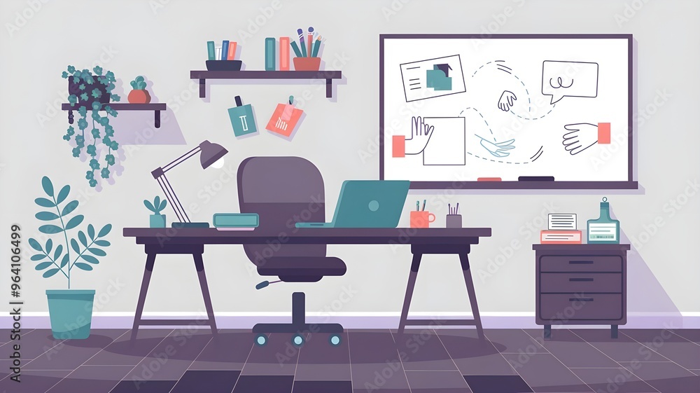 A modern workspace featuring a desk, chair, laptop, and creative wall. Perfect for showcasing productivity and innovation. A modern workspace featuring a desk, chair, laptop, and creative wall. Perfect for showcasing productivity and innovation.