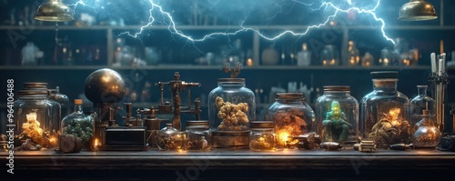 Mystical Laboratory with Glowing Specimens in Jars and Lightning Overhead