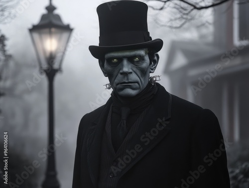 Victorian Frankenstein in a top hat standing under a streetlamp in a foggy street