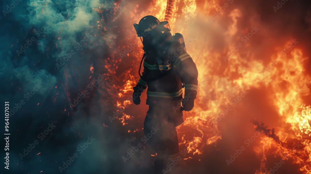 Portrait of a man in uniform working as a firefighter putting out a fire. Rescue concept, flame. Portrait of a man in uniform working as a firefighter putting out a fire. Rescue concept, flame.