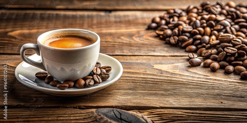 Close up of espresso cup and coffee beans on a wooden table Close up of espresso cup and coffee beans on a wooden table