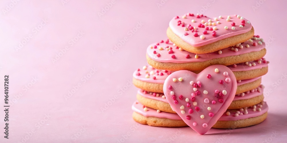 A stack of heart shaped pink cookies with festive sprinkles on a light pink background A stack of heart shaped pink cookies with festive sprinkles on a light pink background