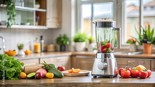 Close up of a modern kitchen blender with food ingredients ready to mix photo