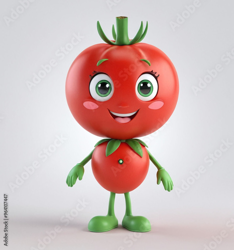 3D cute adorable food vegetables, red tomatoes happy and smile face, fun energic character, isolated in light grey background photo