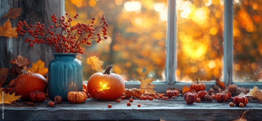 Autumnal Windowsill with Pumpkin, Berries, and Leaves. Autumnal Windowsill with Pumpkin, Berries, and Leaves.