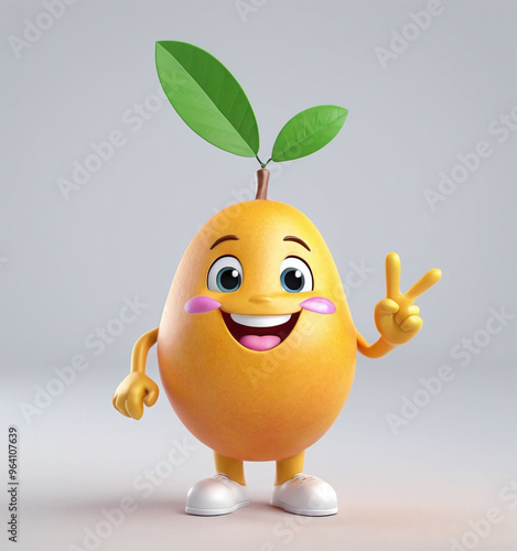 3D cute fun smiling happy adorable big eyes mango character, yellow mango, isolated in light clean background
