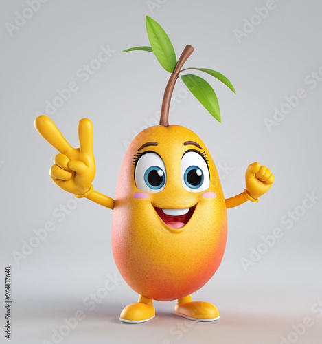 3D cute fun smiling happy adorable big eyes mango character, yellow mango, isolated in light clean background