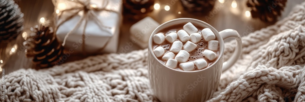 Top view of a cozy Christmas scene with a mug of hot cocoa, marshmallows, and a knit blanket Top view of a cozy Christmas scene with a mug of hot cocoa, marshmallows, and a knit blanket