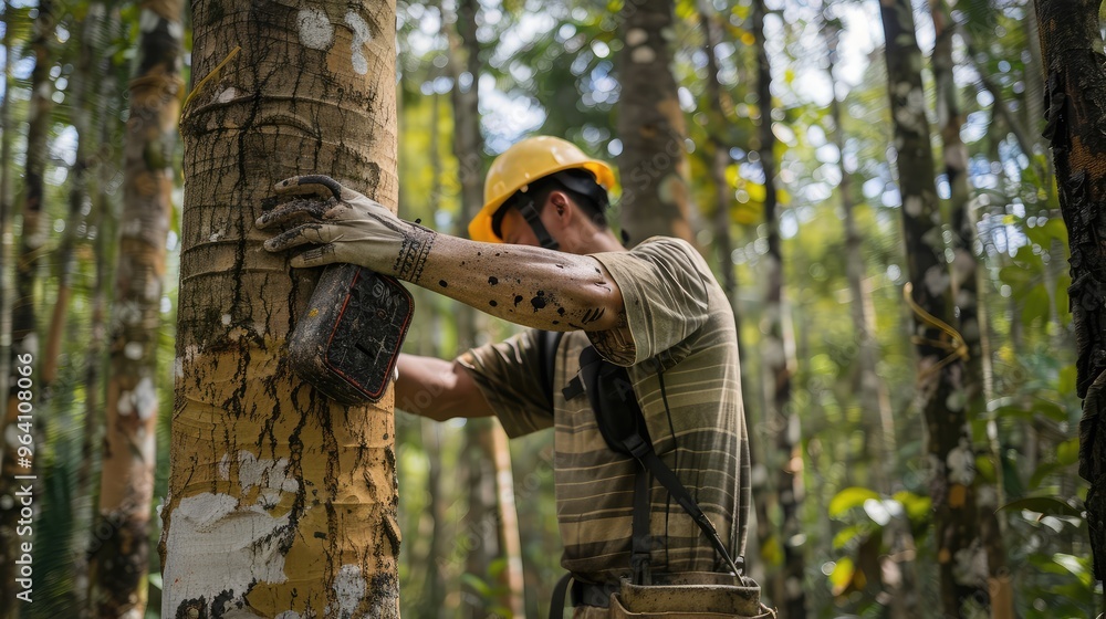 Naklejka premium Rubber Tree Tapping In Tropical Forest