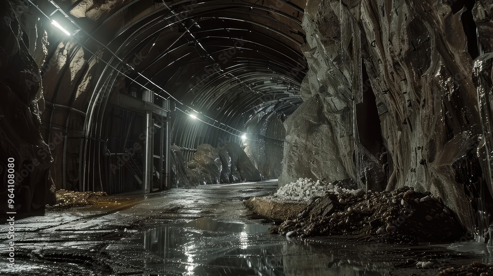 Obraz premium Industrial Underground Mine Tunnel with Lighting