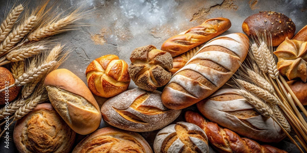 Assorted freshly baked breads and wheat on a textured surface, ideal for food and bakery themes Assorted freshly baked breads and wheat on a textured surface, ideal for food and bakery themes