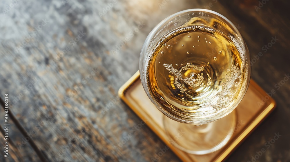 Flat lay of a glass of wine with subtle bubbles on a gold-trimmed coaster, placed on a polished wooden table. No logo, no people. Flat lay of a glass of wine with subtle bubbles on a gold-trimmed coaster, placed on a polished wooden table. No logo, no people.