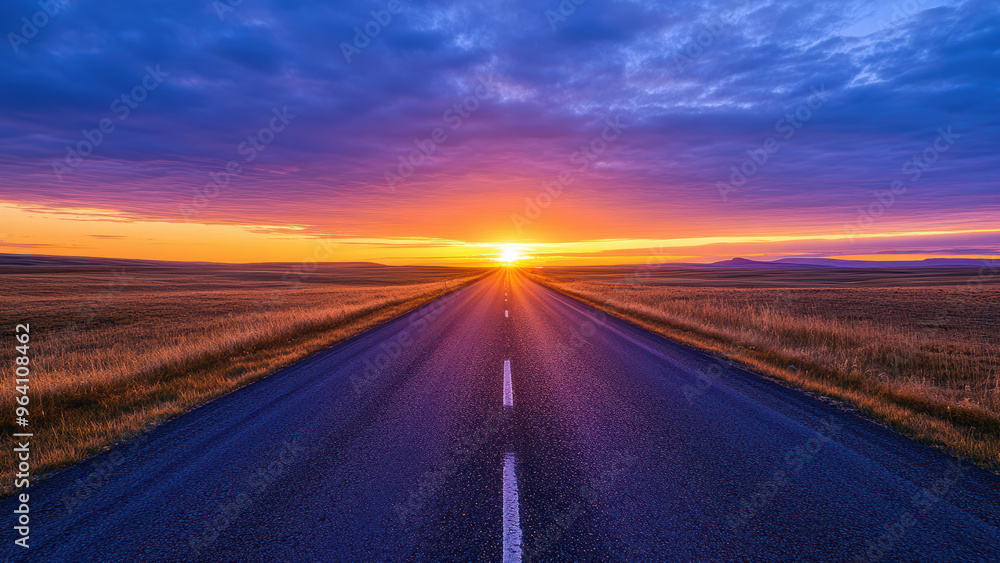 Naklejka premium Driving on an empty asphalt road towards the sunset.