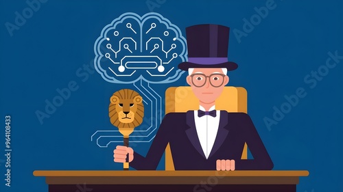 A whimsical illustration of a magician with a lion scepter and a brain design, symbolizing intelligence and creativity.