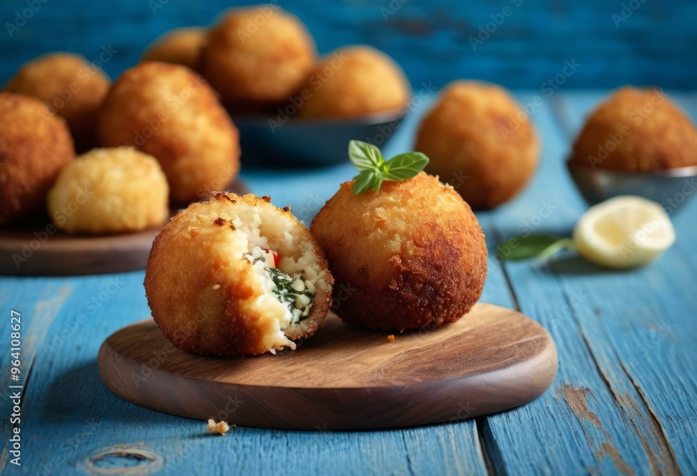 Arancini Balls with Creamy Filling and Herb Garnish on Blue Background Arancini Balls with Creamy Filling and Herb Garnish on Blue Background
