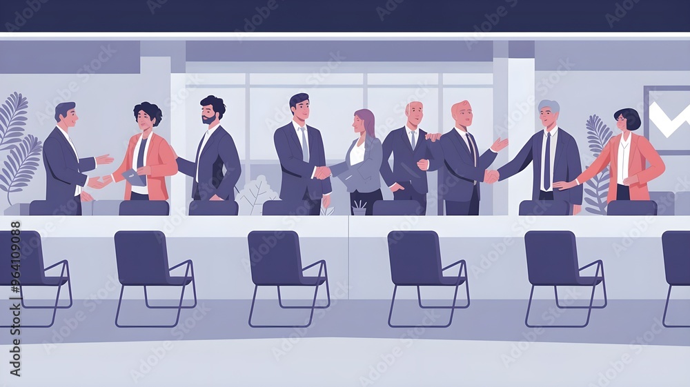 Business professionals engaging in a handshake at a corporate meeting, showcasing teamwork and collaboration in a modern office. Business professionals engaging in a handshake at a corporate meeting, showcasing teamwork and collaboration in a modern office.