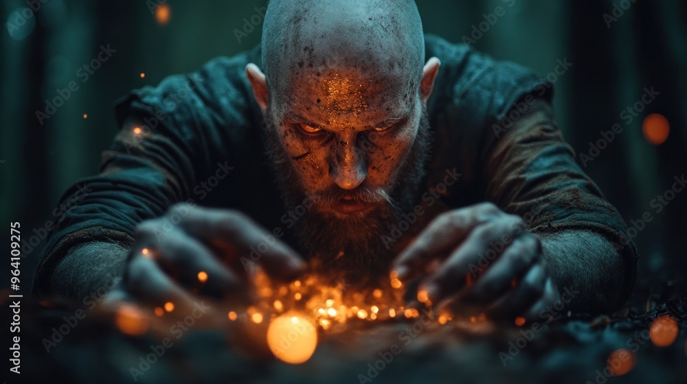 A rugged individual intently studies radiant sparks scattered on the forest floor, surrounded by dense trees and soft twilight light, creating an enchanting atmosphere rich with mystery A rugged individual intently studies radiant sparks scattered on the forest floor, surrounded by dense trees and soft twilight light, creating an enchanting atmosphere rich with mystery