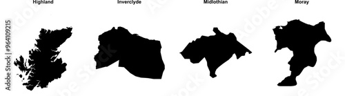 Highland, Inverclyde, Midlothian, Moray outline maps