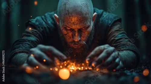 A rugged individual intently studies radiant sparks scattered on the forest floor, surrounded by dense trees and soft twilight light, creating an enchanting atmosphere rich with mystery