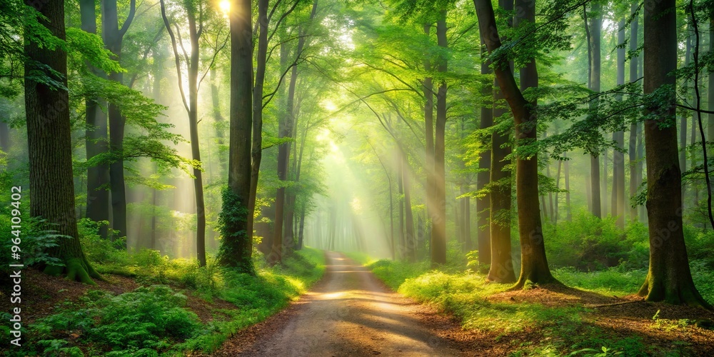 Obraz premium Serene misty forest trail with lush greenery and sunlight peeking through the trees