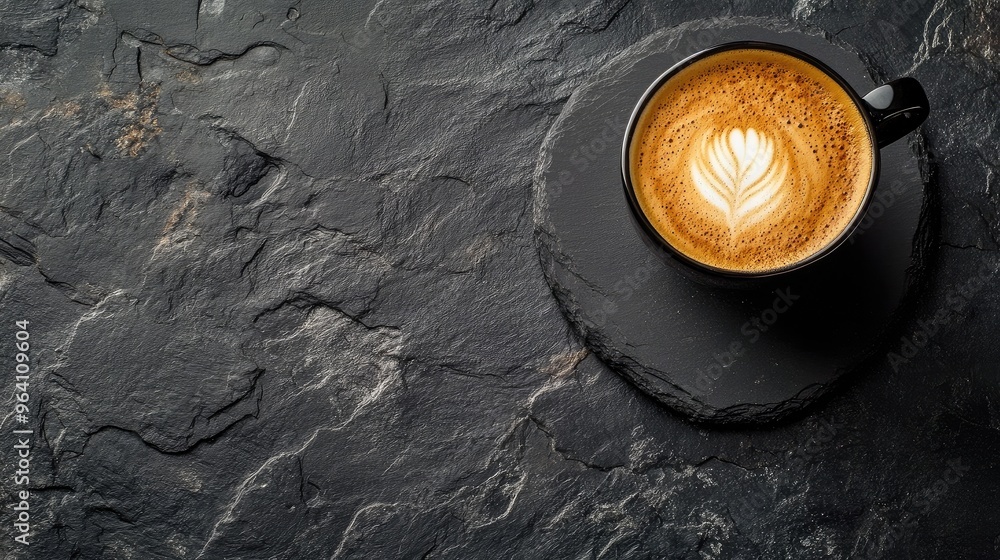 Flat lay of coffee with delicate foam on a slate table, creating a contrast with its dark surface. No logo, no people. Flat lay of coffee with delicate foam on a slate table, creating a contrast with its dark surface. No logo, no people.