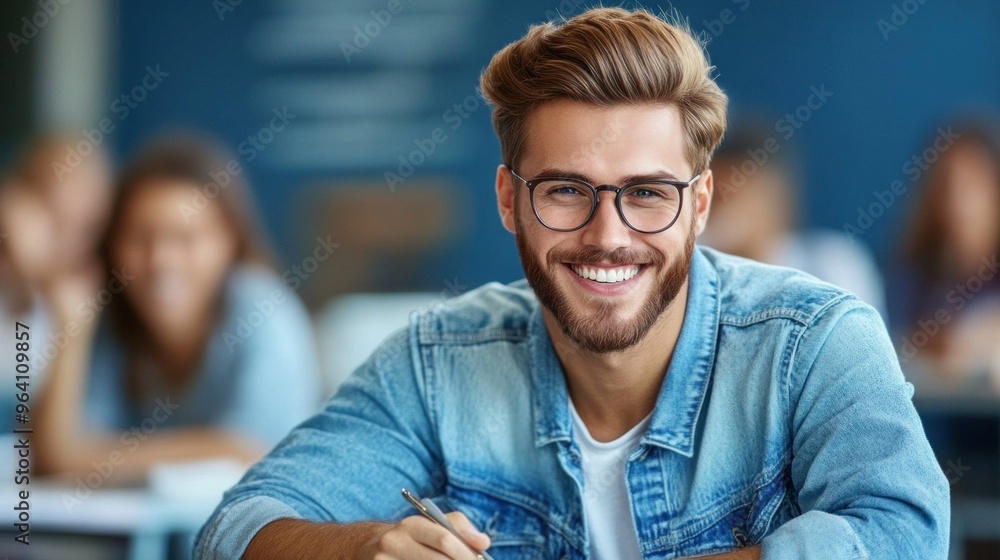 Obraz premium The young man, wearing a denim jacket and glasses, beams with happiness as he studies at his desk, surrounded by fellow students engaged in their own work