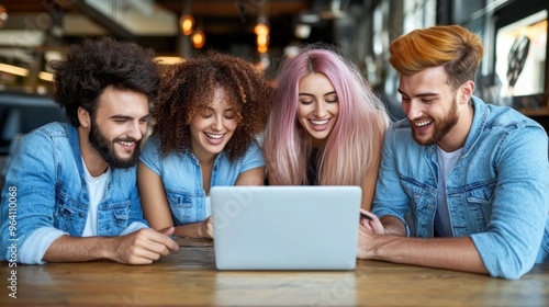 A lively group of four friends share a joyful experience as they gather around a laptop in a warm cafГ©, smiling and engaged in conversation during a sunny afternoon