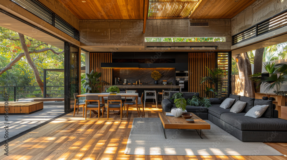 Modern interior design of a living room with a kitchen in the form of a studio. Living room design with wooden ceilings and large panoramic windows. The concept of comfort and interior. Modern interior design of a living room with a kitchen in the form of a studio. Living room design with wooden ceilings and large panoramic windows. The concept of comfort and interior.