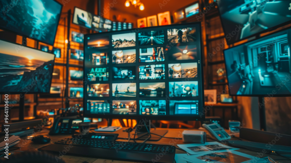 A modern computer with a large screen with many open pictures on it. Technology and modernity concept. A modern computer with a large screen with many open pictures on it. Technology and modernity concept.