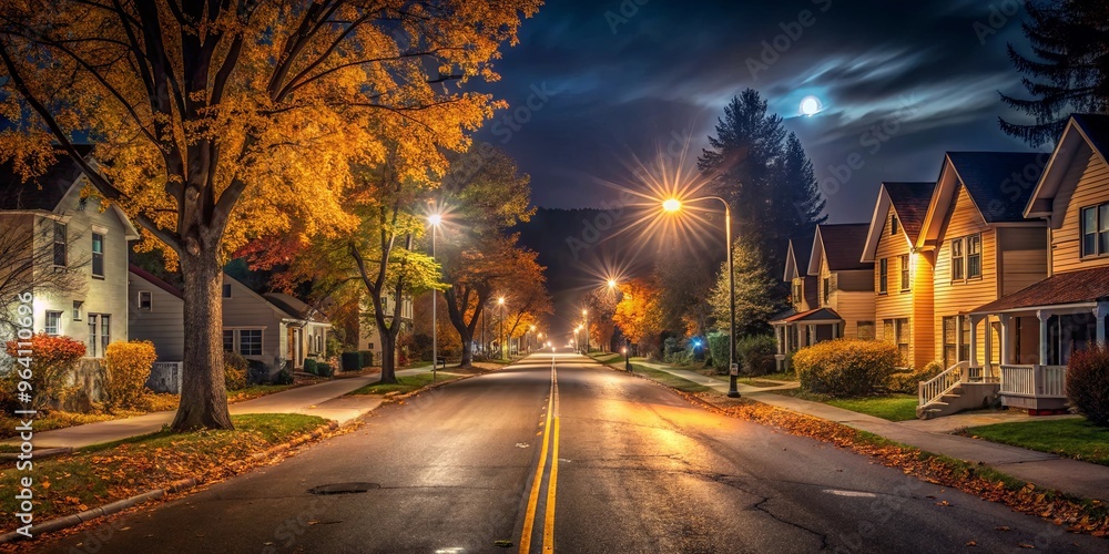 Empty road in a quiet town at night during autumn, with houses lining the street Empty road in a quiet town at night during autumn, with houses lining the street