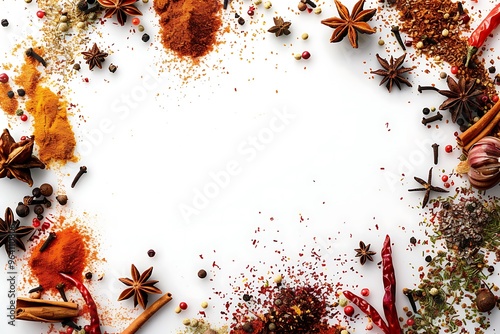 Spices and herbs arranged in a boarder on white background