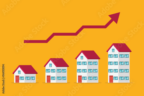 Housing prices rise up. The concept of growth in demand for real estate. Increase in the value of property, vector illustration	